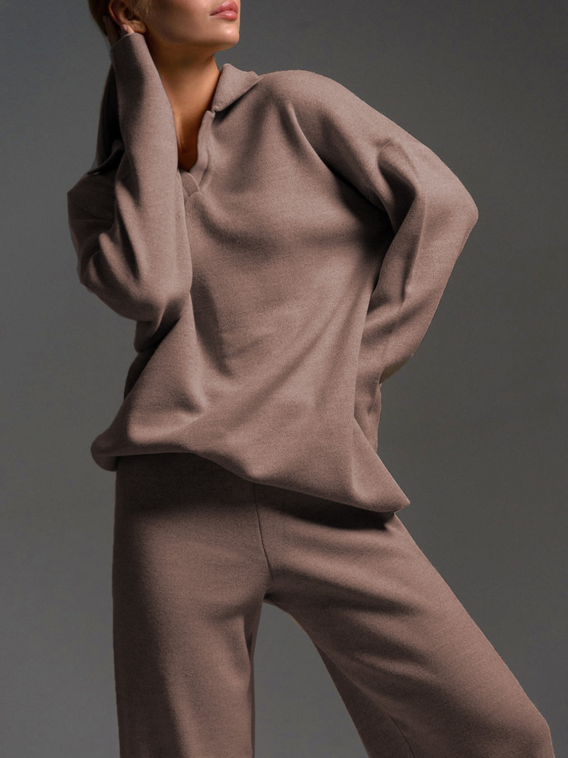 Johnny Collar Long Sleeve Top and Pants Sweater Set - felvior