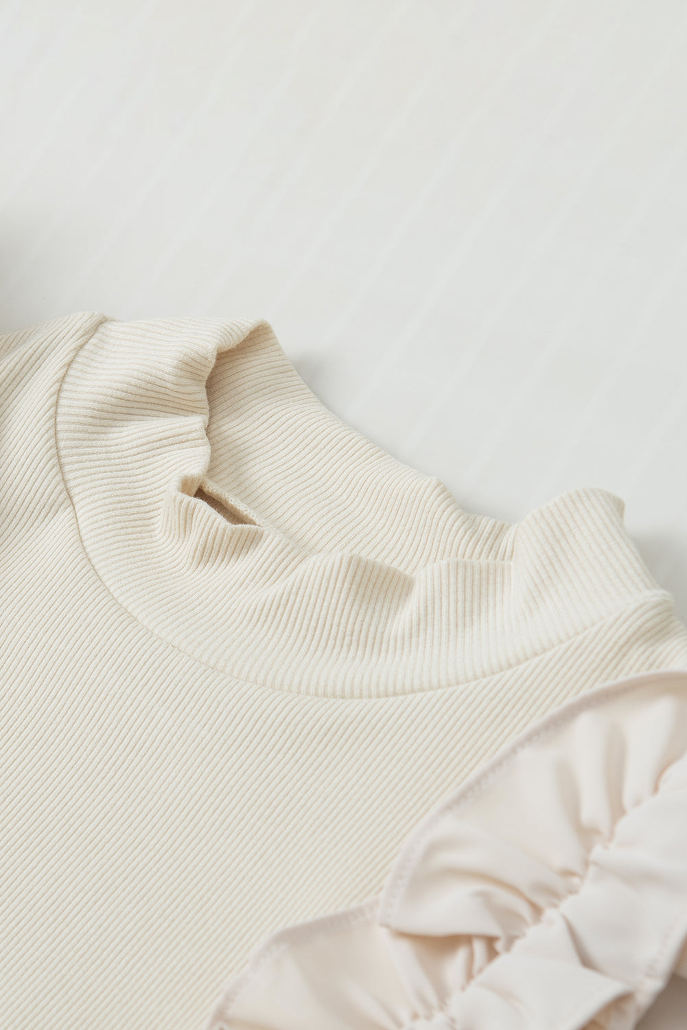 Ruffle Flutter Sleeve Mock Neck Ribbed Top - felvior