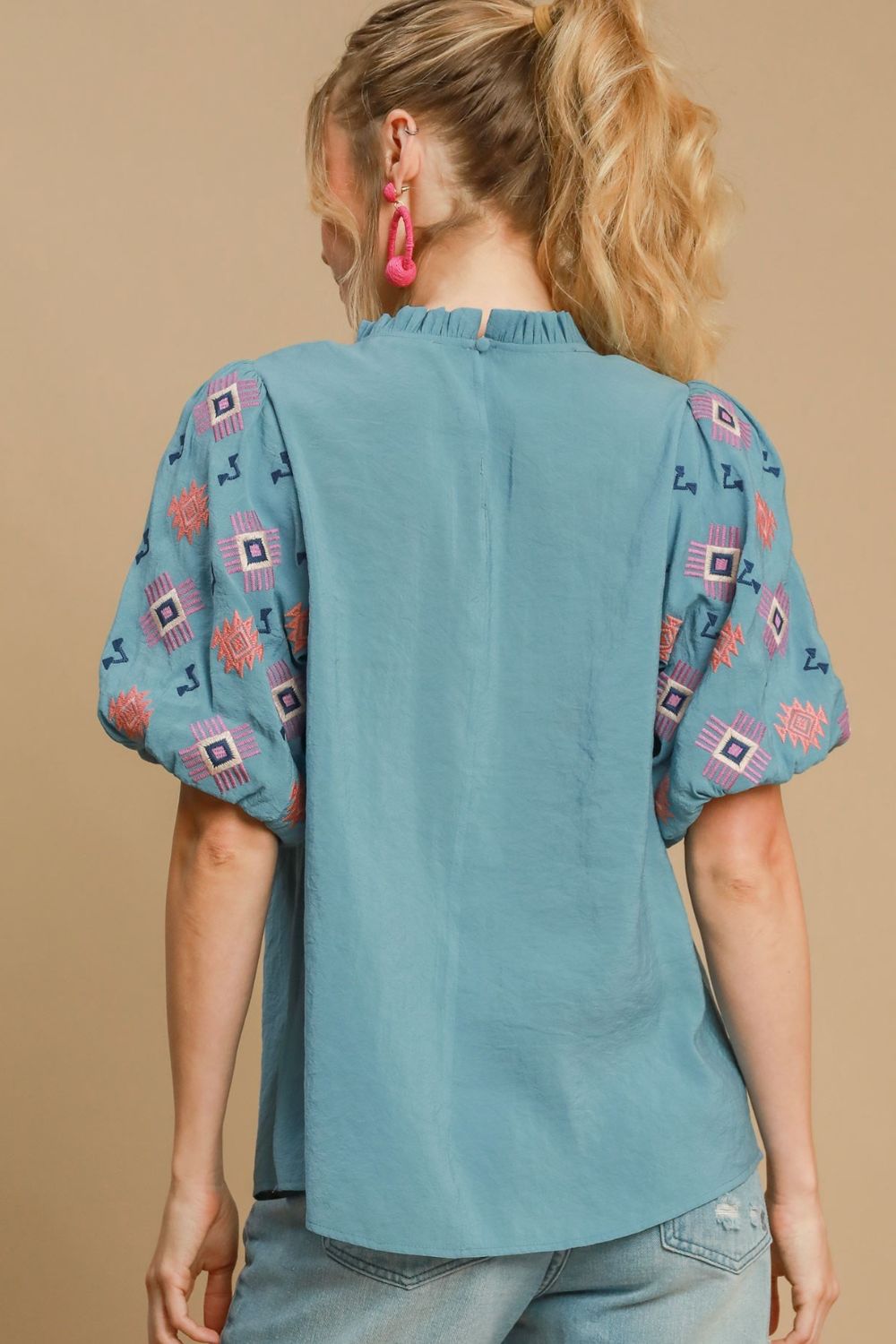 Umgee Full Size Embroidered Puff Sleeve Mock Neck Top Plus Size