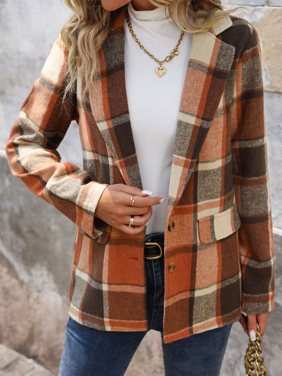 Perfee Plaid Button Down Lapel Collar Blazer - felvior