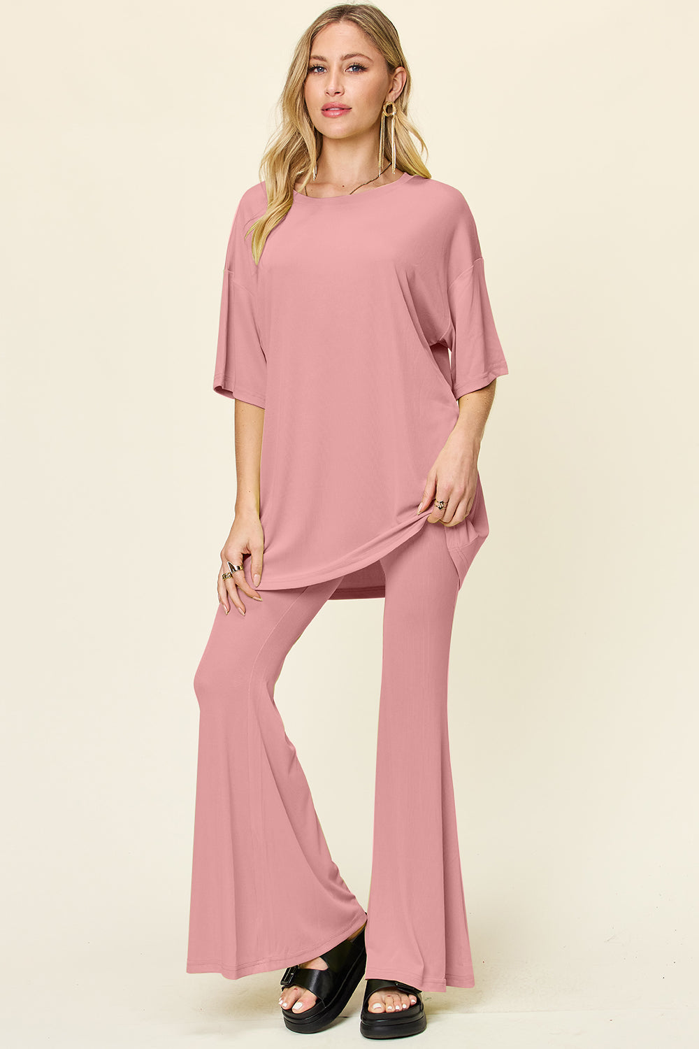 Double Take Full Size Round Neck Drop Shoulder T-Shirt and Flare Pants Set - felvior