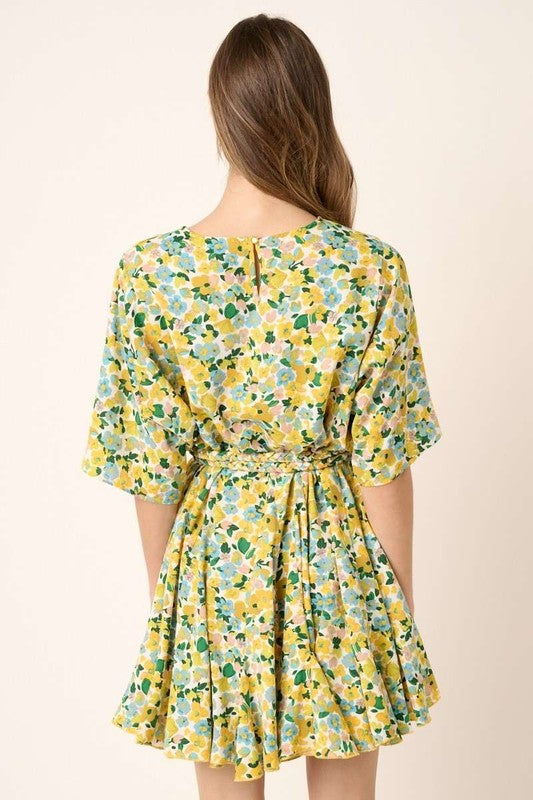 Mittoshop Floral Tie Waist Half Sleeve Mini Dress - felvior