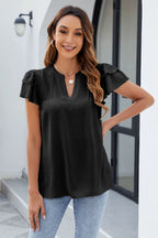 Ruffled Notched Short Sleeve Blouse