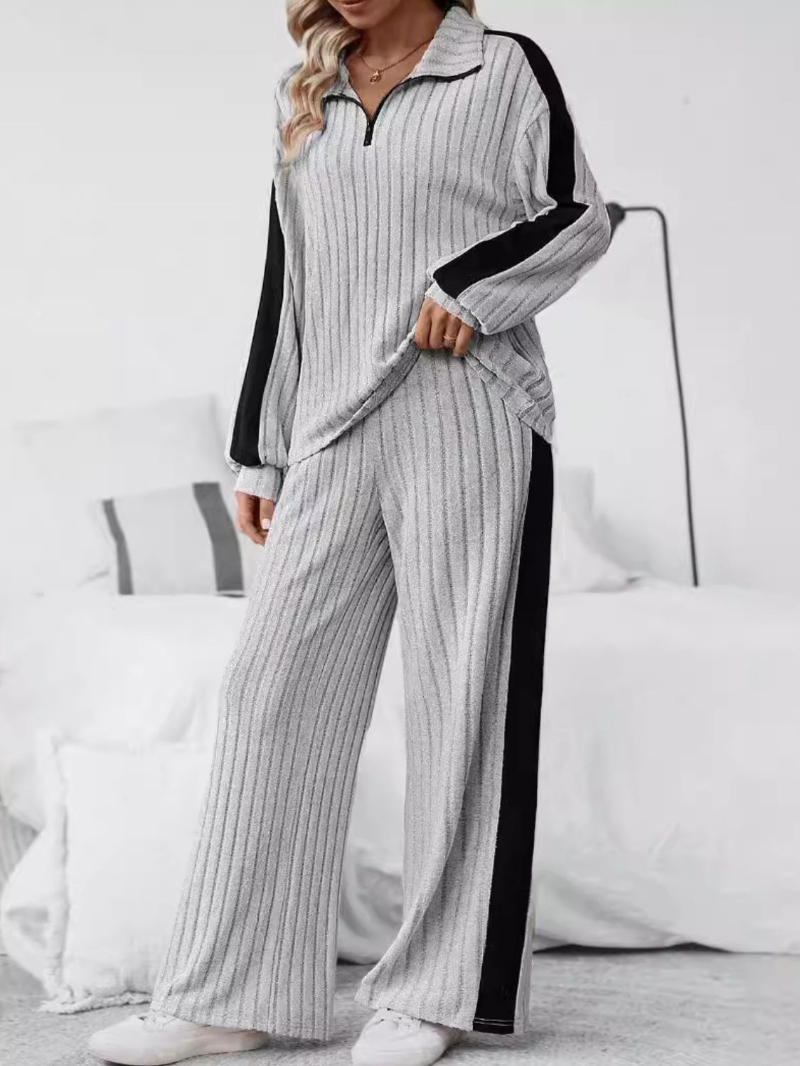 Plus Size Half Zip Long Sleeve Top and Pants Set Zweitbild