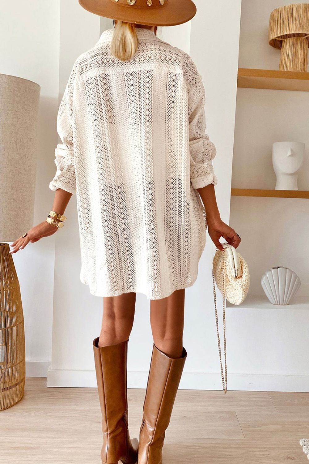 Lace Crochet Collared Neck Oversized Shirt - felvior