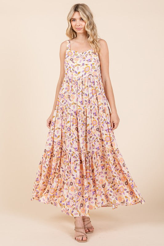 Mittoshop Flower Print Tiered Sleeveless Empire Maxi Dress - felvior