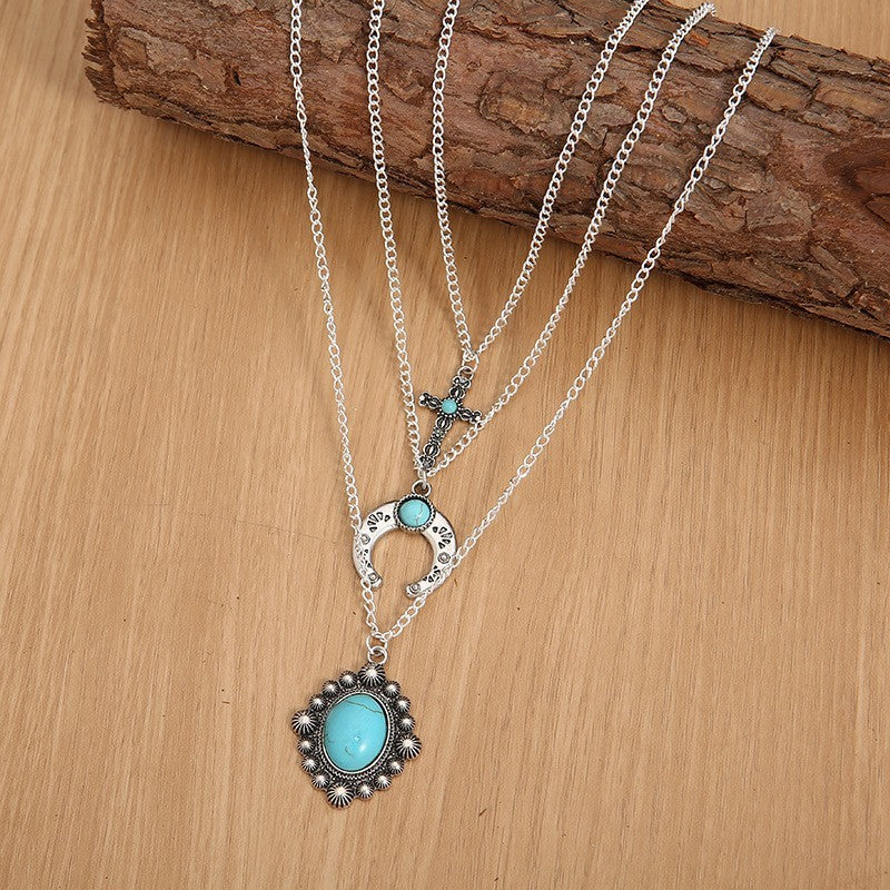 Artificial Turquoise Alloy Three-Layered Necklace - felvior