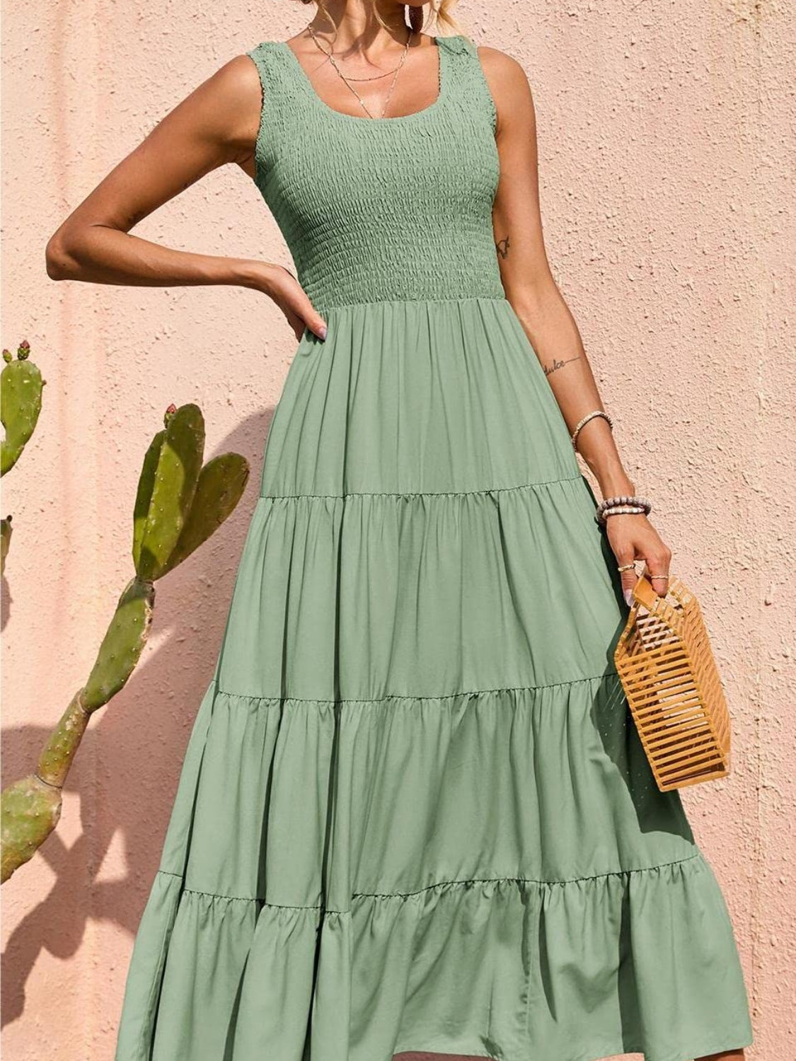 Tiered Smocked Wide Strap Dress - felvior