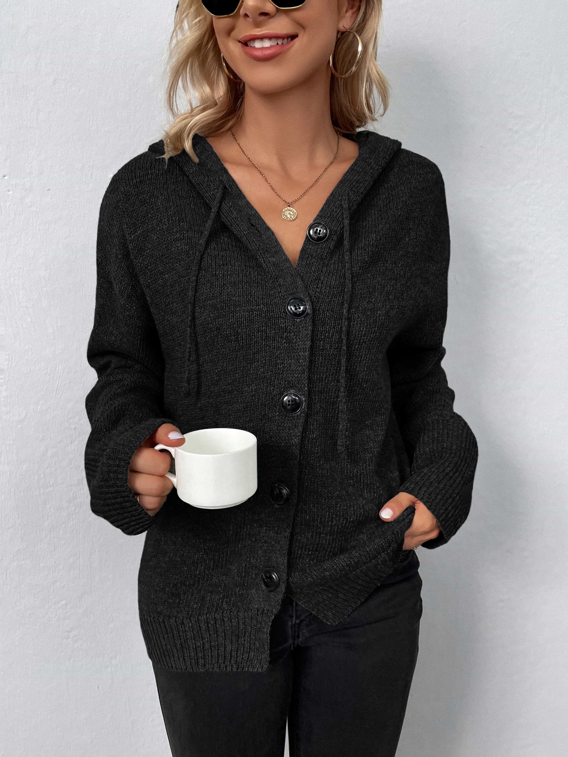 Button-Down Long Sleeve Hooded Sweater - felvior