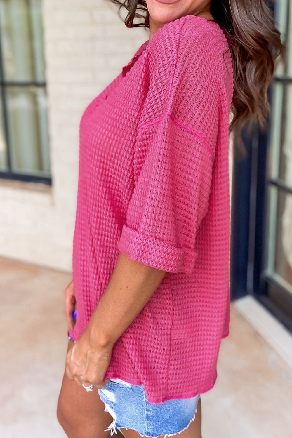 Textured Cuffed Short Sleeve Top - felvior