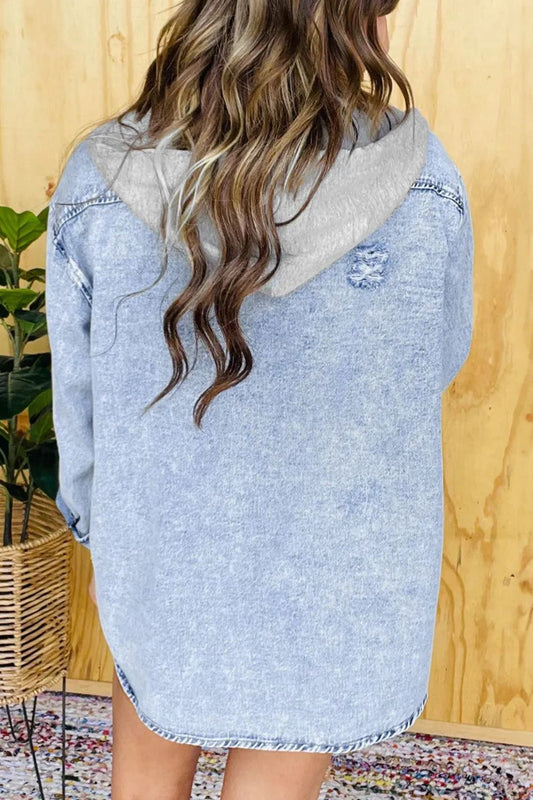 Distressed Button Up Long Sleeve Denim Jacket - felvior