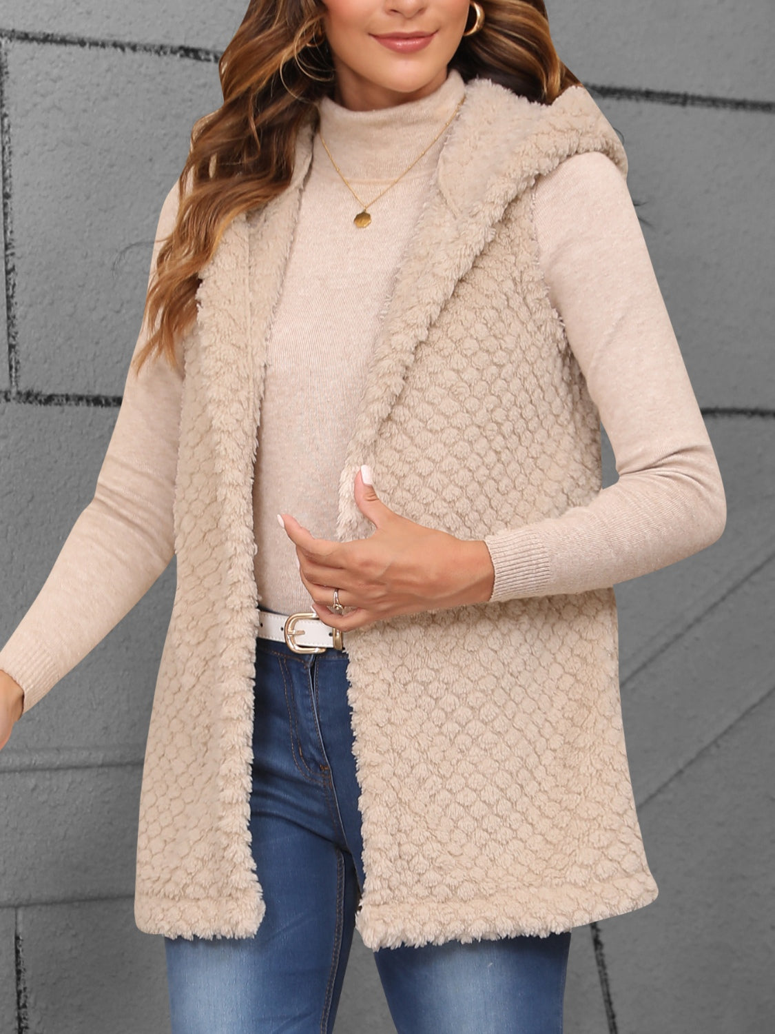 Texture Solid Color Hooded Vest Coat - felvior