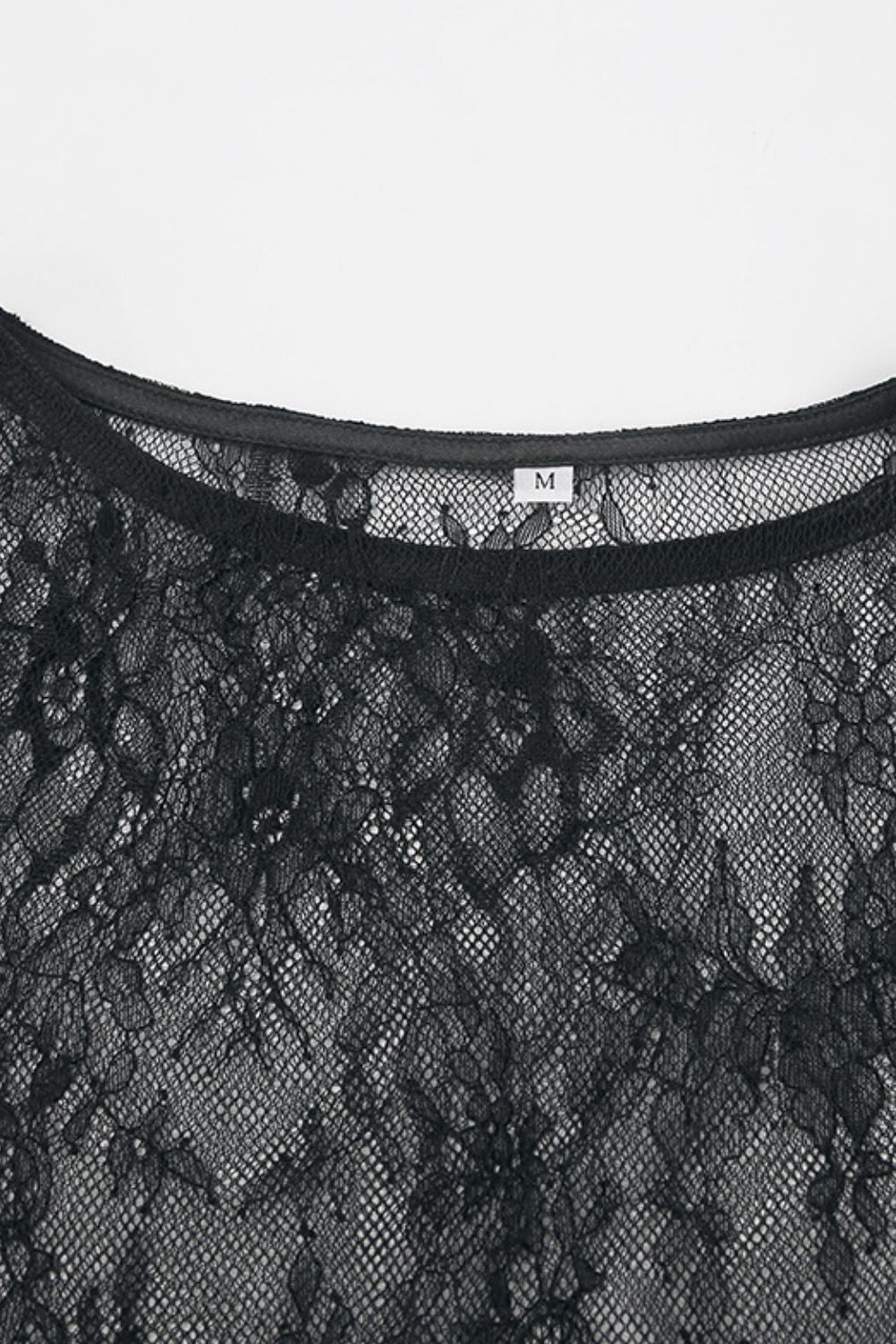 Fringe Round Neck Long Sleeve Lace Sheer Top