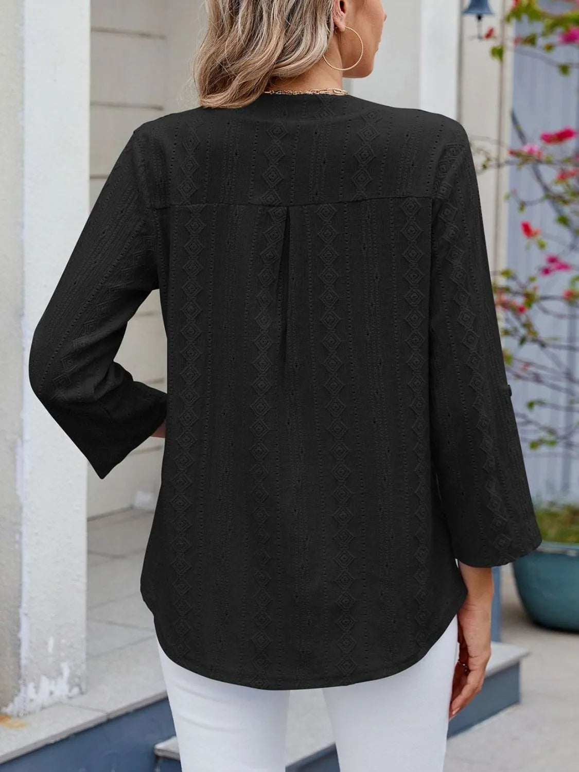 Eyelet Notched Roll-Tab Sleeve Top