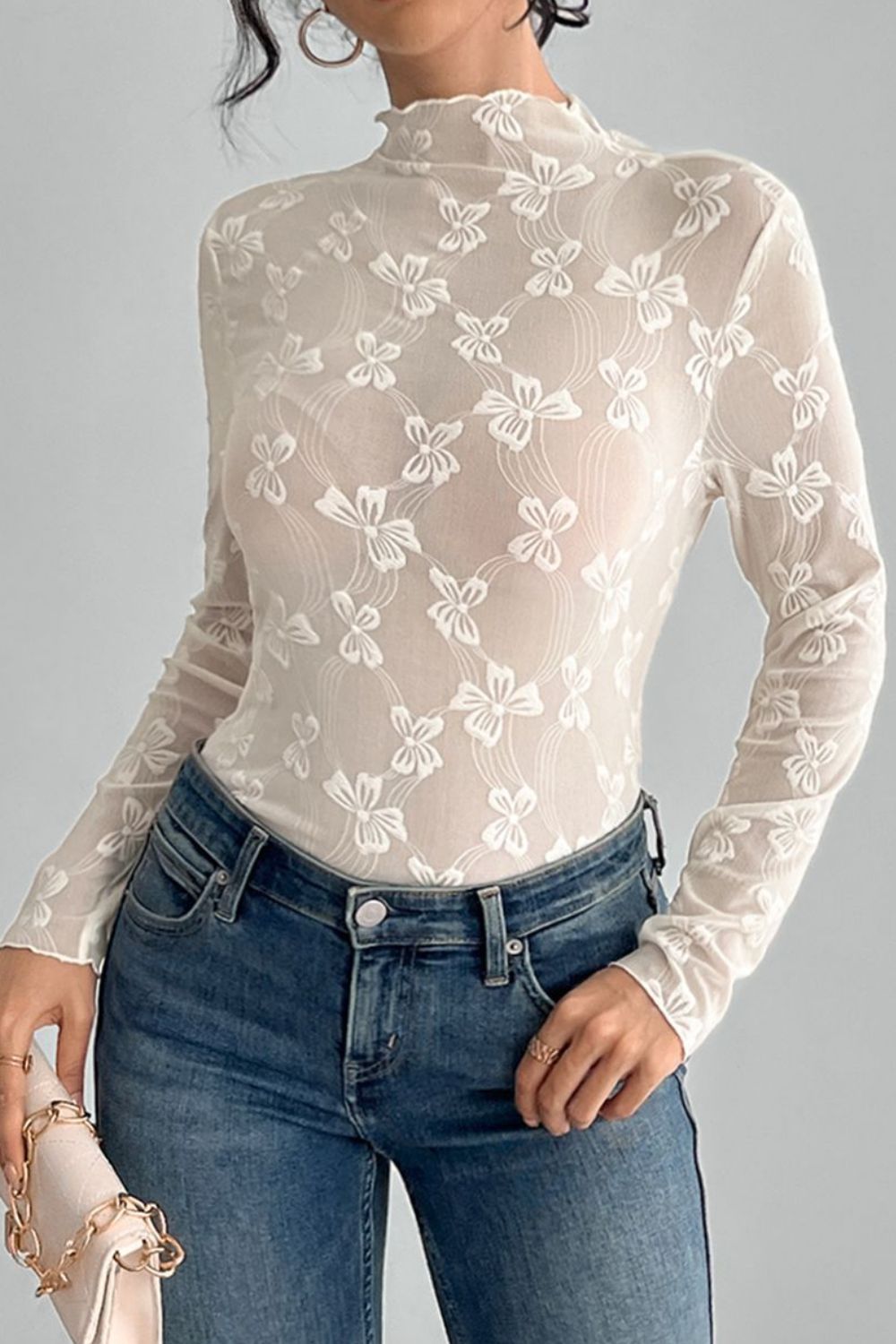 Bow Print Mock Neck Long Sleeve T-Shirt