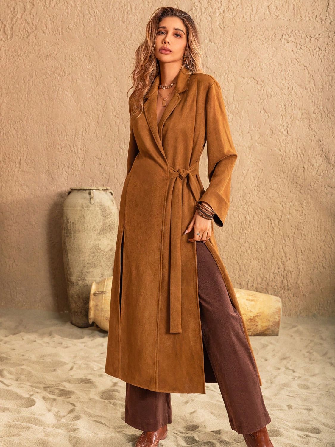 Slit Tied Collared Neck Longline Coat - felvior