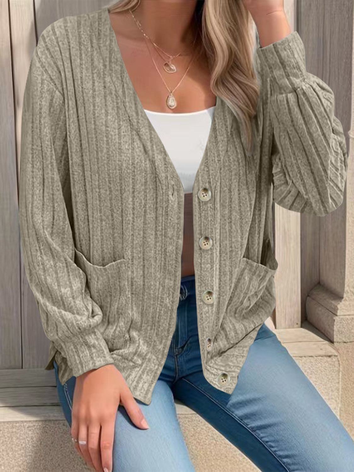 Full Size Button Up V-Neck Long Sleeve Cardigan - felvior
