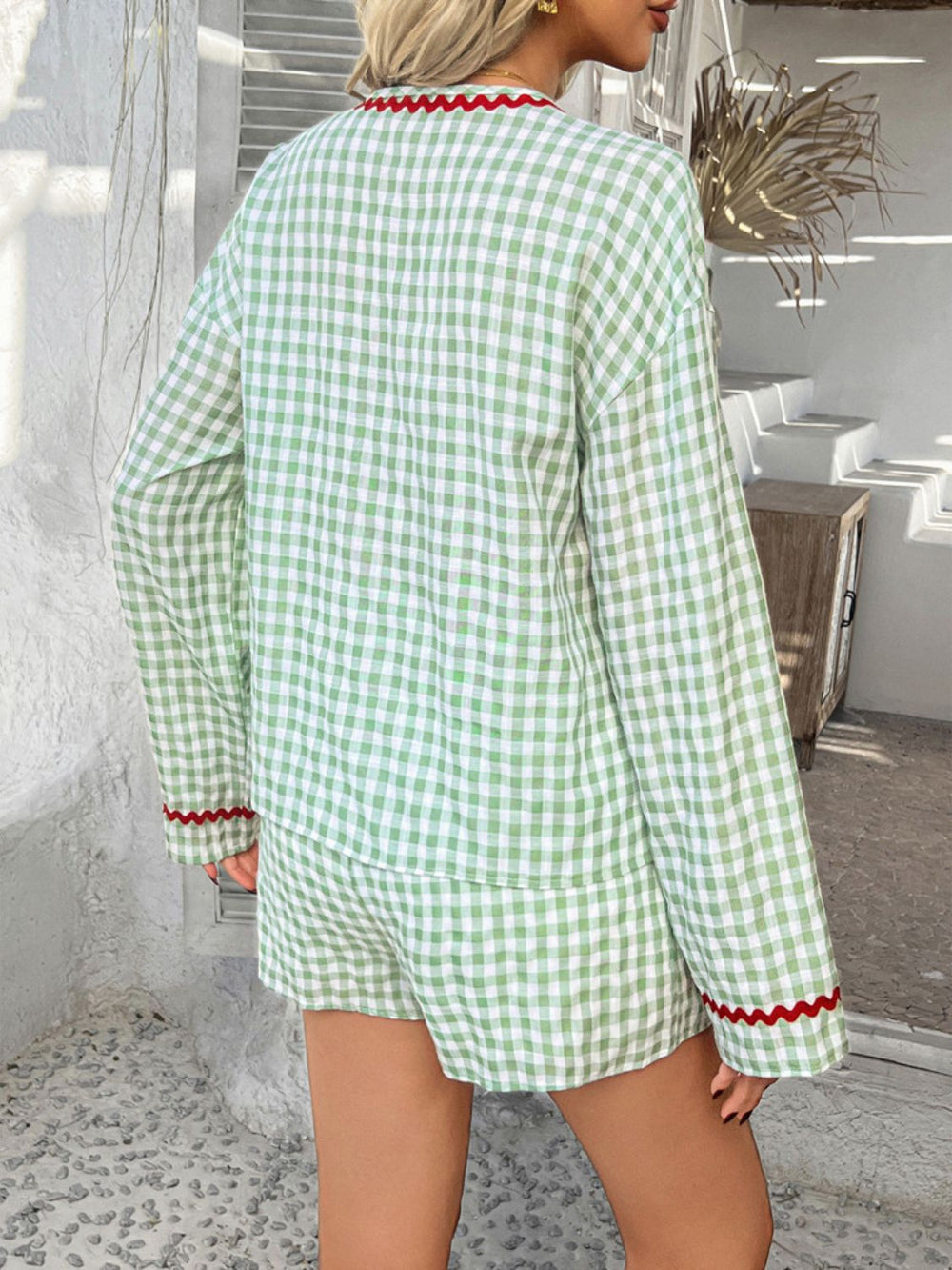 Devine Tie Front Contrast Plaid Shirt and Shorts Set