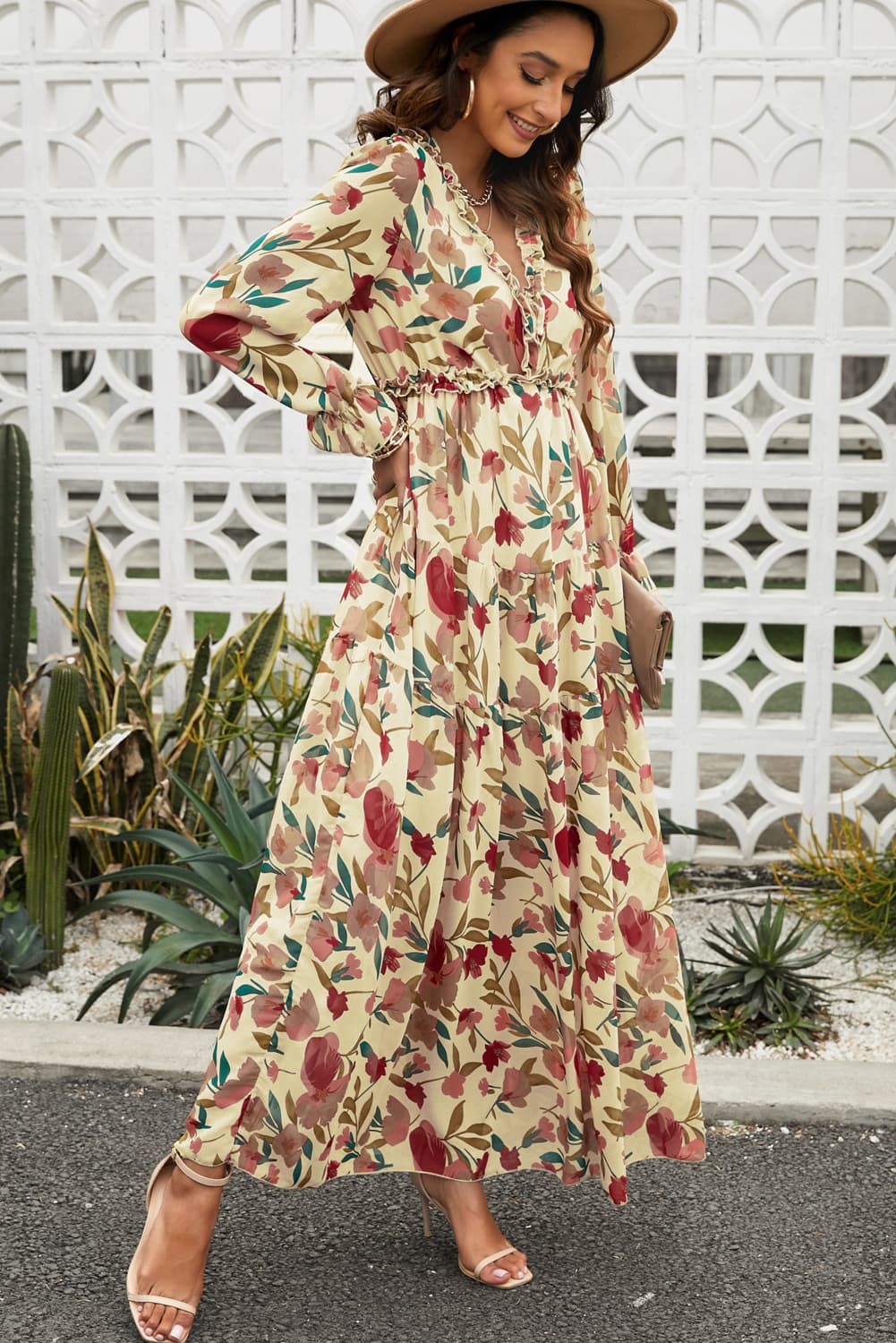 Floral Frill Trim Flounce Sleeve Plunge Maxi Dress - felvior