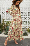 Floral Frill Trim Flounce Sleeve Plunge Maxi Dress - felvior