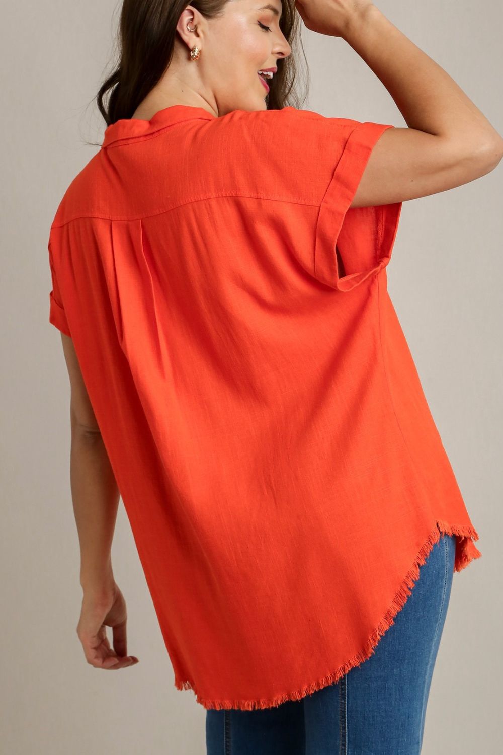 Umgee Full Size Linen Blend Button Down Short Folded Sleeve Shirt Plus Size - felvior