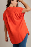 Umgee Full Size Linen Blend Button Down Short Folded Sleeve Shirt Plus Size - felvior