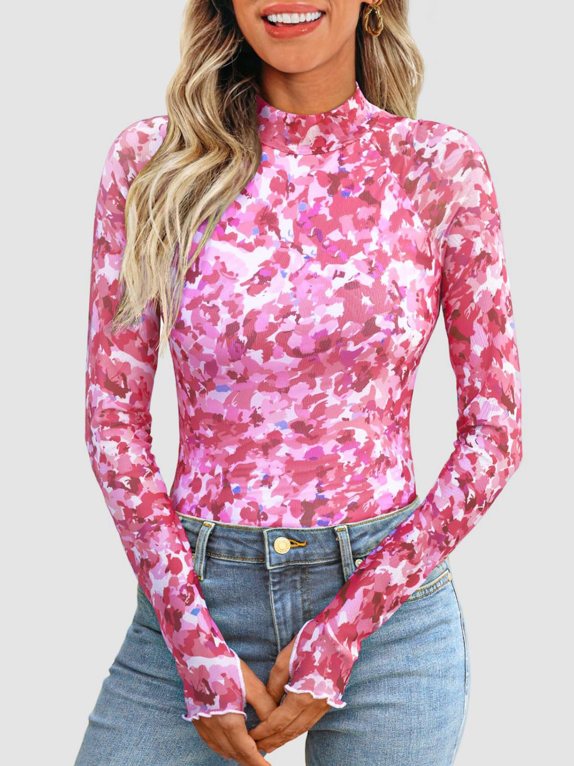 Floral Mock Neck Long Sleeve T-Shirt