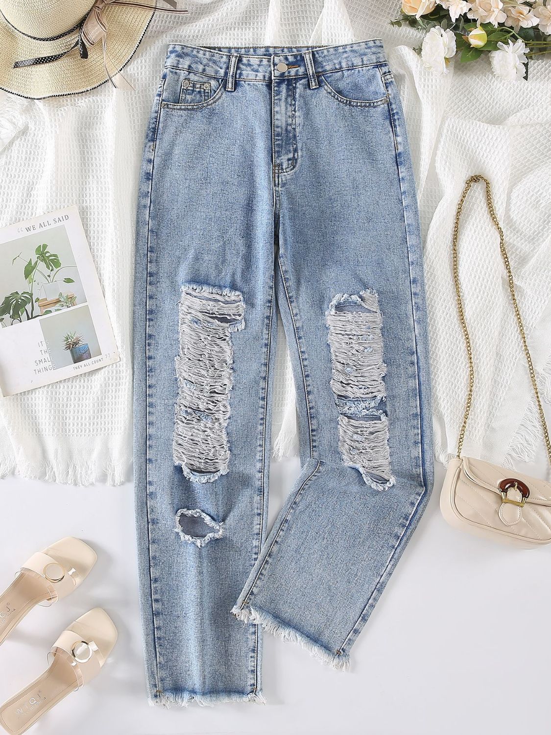 Distressed Raw Hem Jeans - felvior