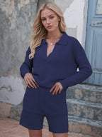 Johnny Collar Long Sleeve Top and Shorts Sweater Set