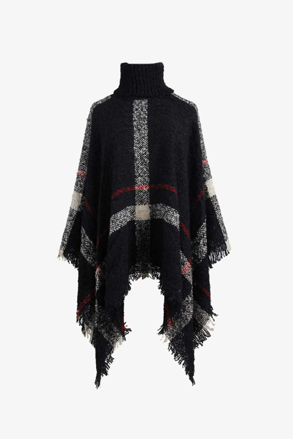 Plaid Turtleneck Raw Hem Poncho - felvior