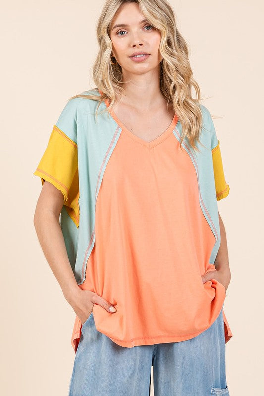 Mittoshop Color Block V-Neck Short Sleeve T-Shirt Hauptbild