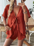 Tie Front Short Sleeve Top and Shorts Set - felvior
