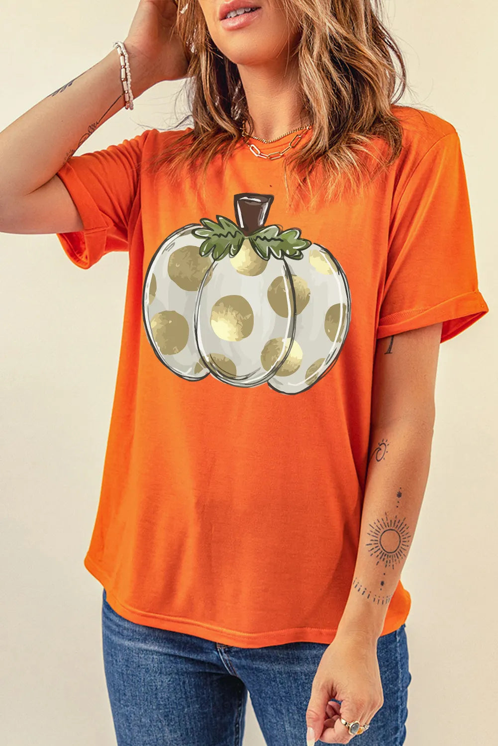 Pumpkin Graphic Round Neck Short Sleeve T-Shirt - felvior