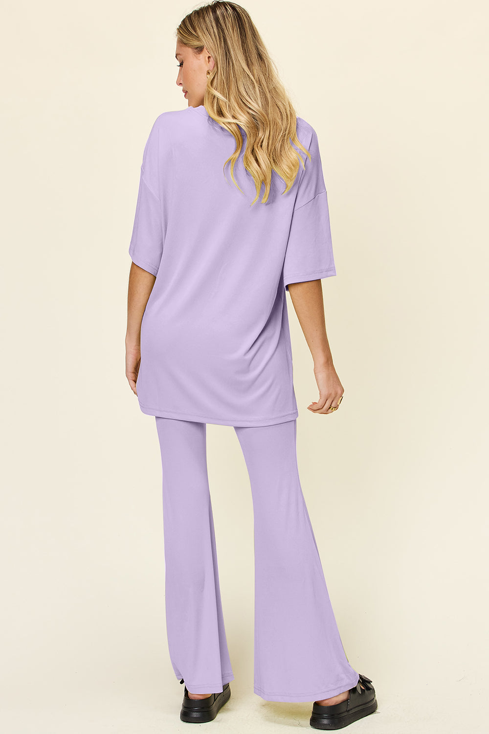 Double Take Full Size Round Neck Drop Shoulder T-Shirt and Flare Pants Set - felvior