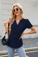 Notched Short Sleeve Blouse