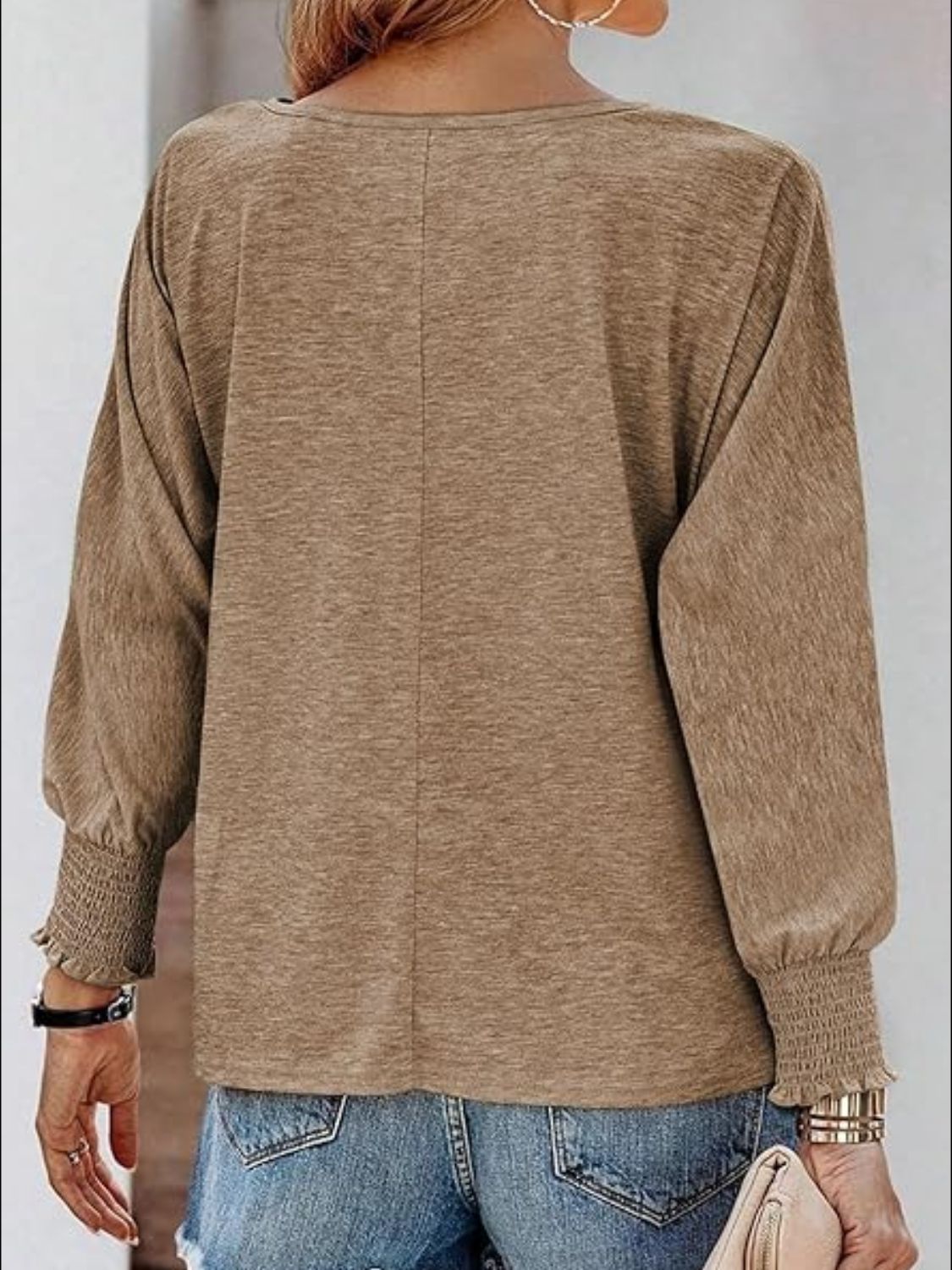 Round Neck Smocked Lantern Sleeve T-Shirt - felvior