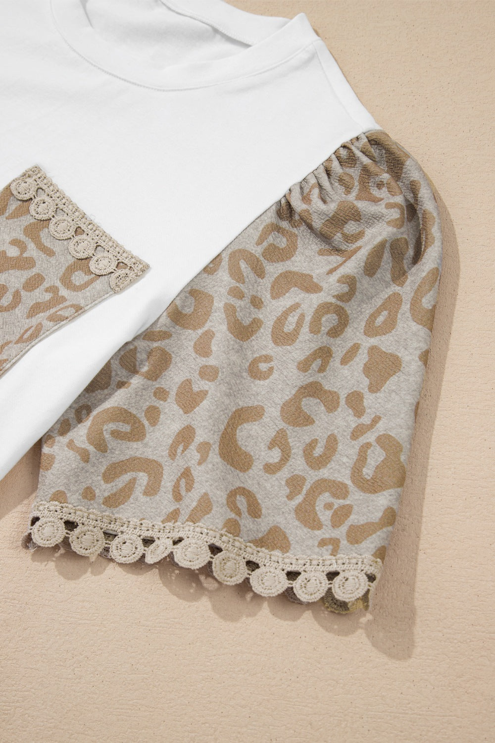 Leopard Patchwork Crochet Lace Trim Puff Sleeve T Shirt - felvior