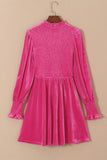 Smocked Round Neck Long Sleeve Dress - felvior