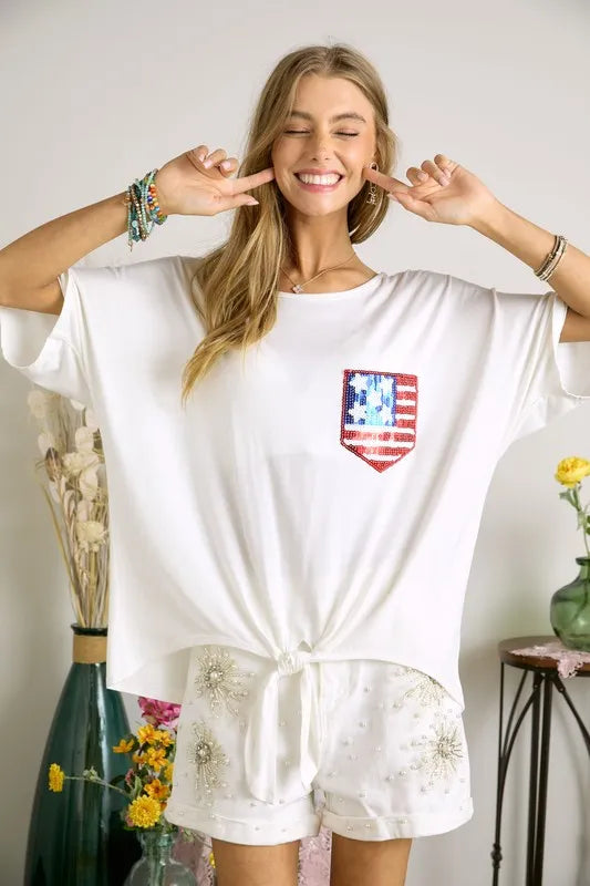 ADORA Sequin US Flag Pocketed Top