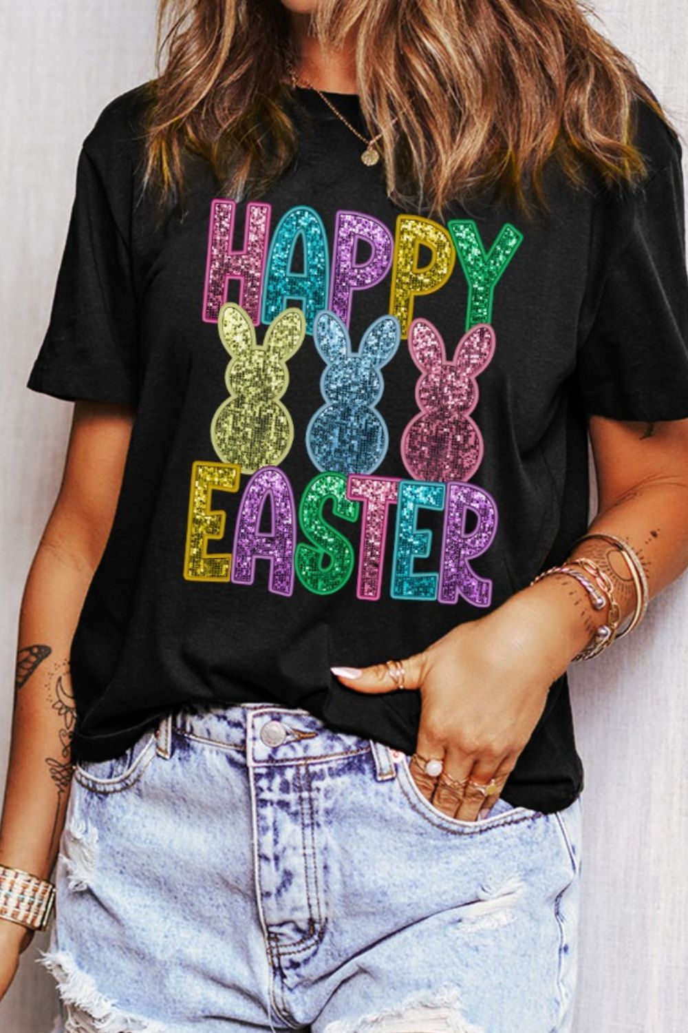 HAPPY EASTER Sequin Bunny Round Neck T-Shirt