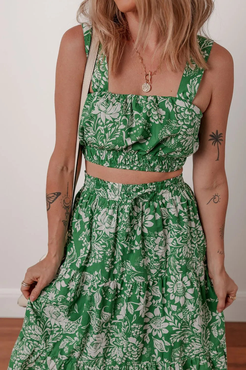 Floral Print Shirred Crop Top and Midi Skirt Set - felvior