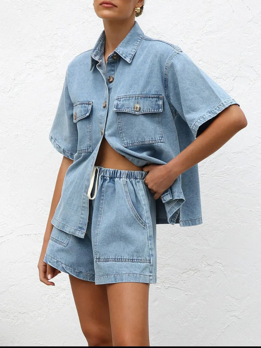 Button Up Short Sleeve Top and Shorts Denim Set - felvior