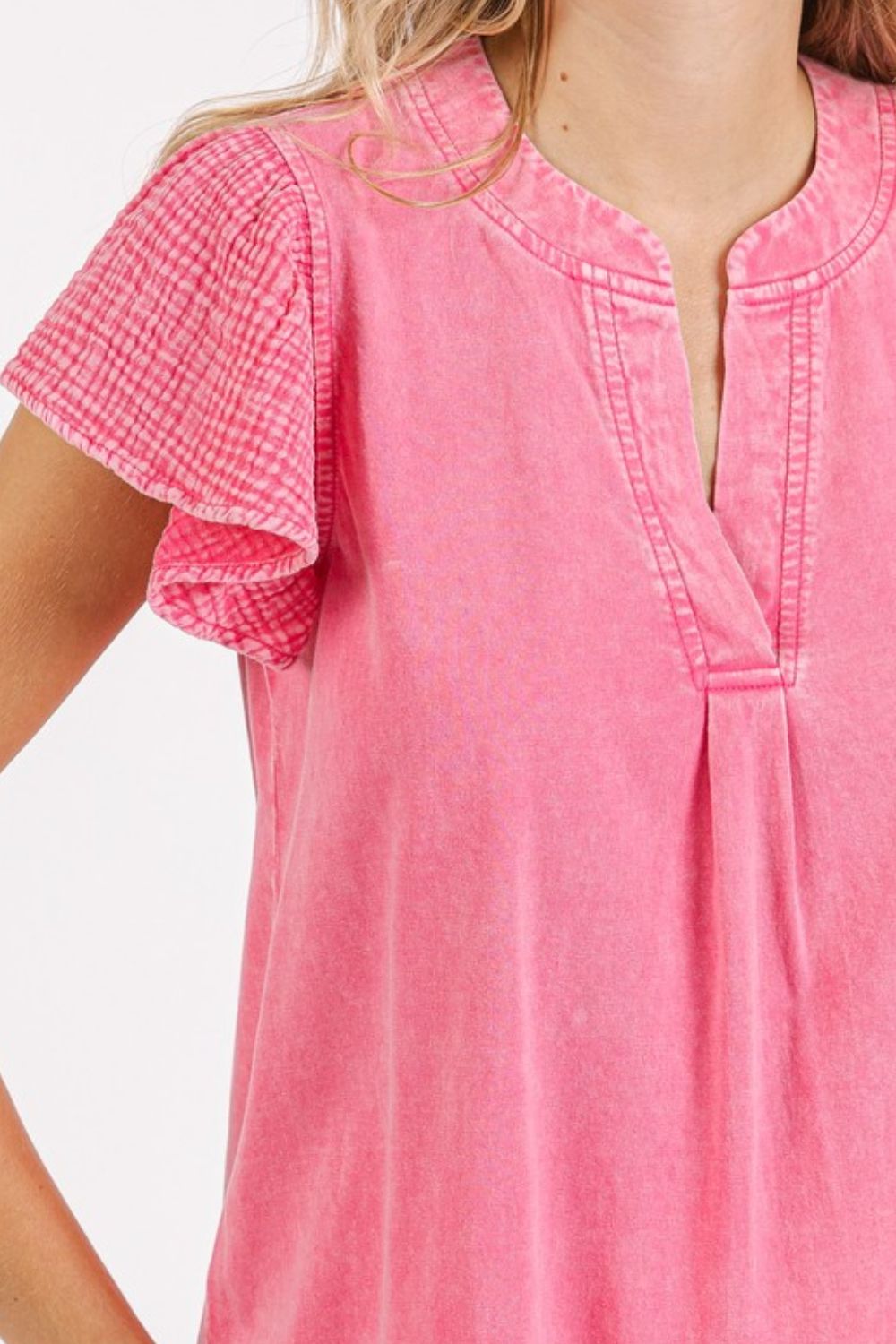 Mittoshop Mix Media Ruffle Short Sleeve Mineral Wash Top - felvior