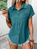 Pleated Detail Collared Neck Short Sleeve Shirt - felvior
