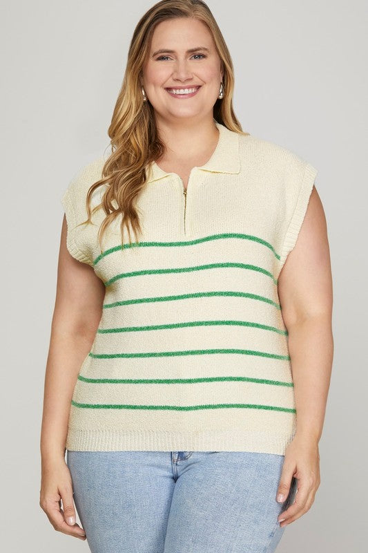 She + Sky Full Size Ribbed Hem Striped Half Zip Sweater Vest Plus Size