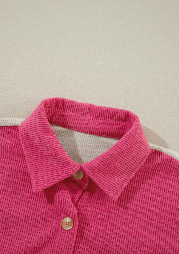 Color Block Curved Hem Corduroy Shacket with Pocket - felvior