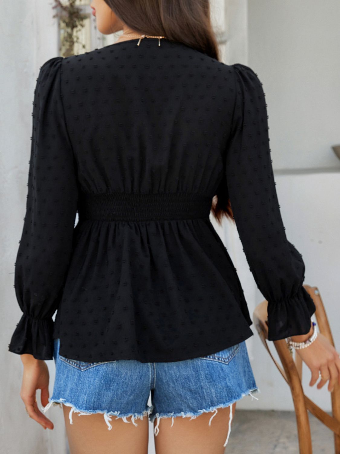 Devine Swiss Dot Lace Detail Surplice Flounce Sleeve Blouse - felvior