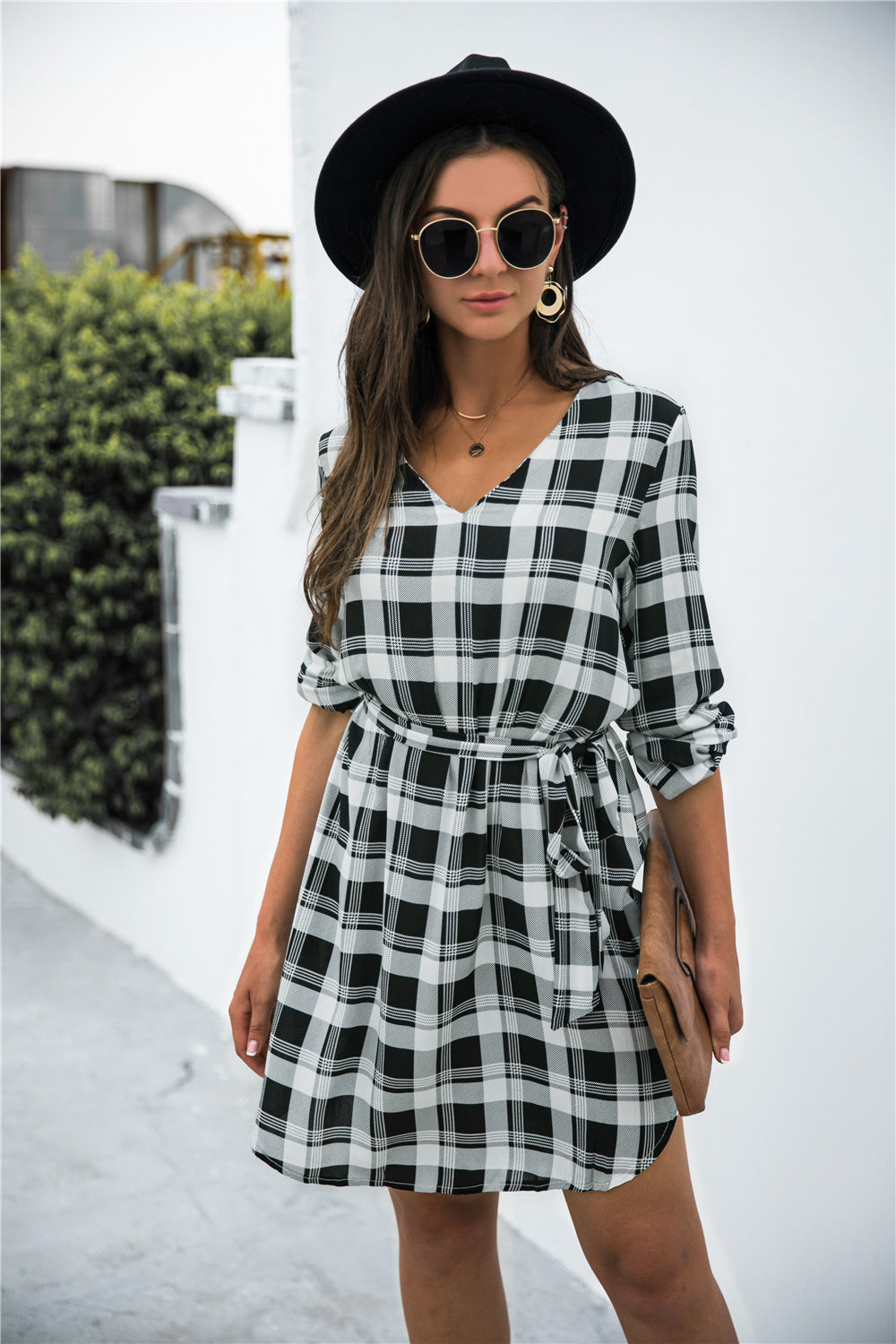 Plaid V-Neck Tie Waist Dress - felvior