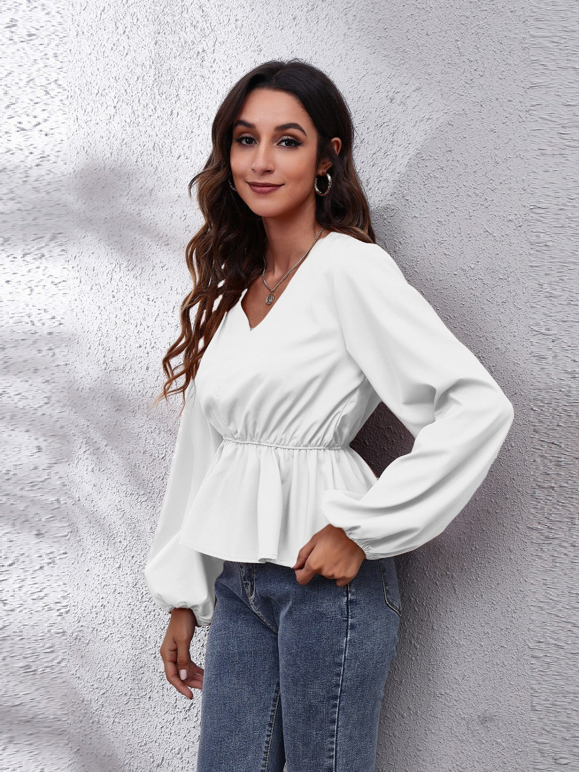 V-Neck Balloon Sleeve Peplum Blouse - felvior
