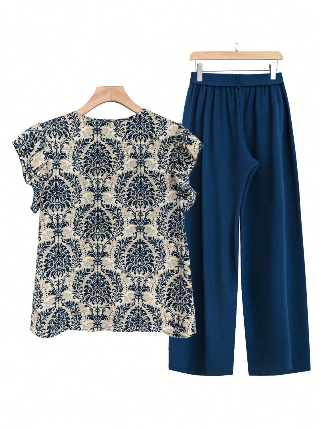Printed Ruffled Cap Sleeve Top and Pants Set - felvior